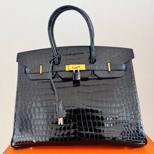Hermès Birkin 35 – Shiny Porosus Crocodile, Black Box Dust Bag keys Clothette